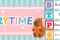 Cute animals reading books with colorful alphabet blocks the word Storytime is in the middle of a pink rectangle in colorful text