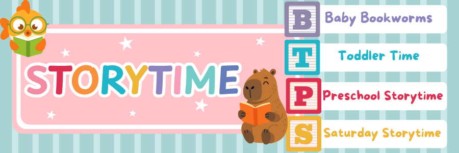 Cute animals reading books with colorful alphabet blocks the word Storytime is in the middle of a pink rectangle in colorful text